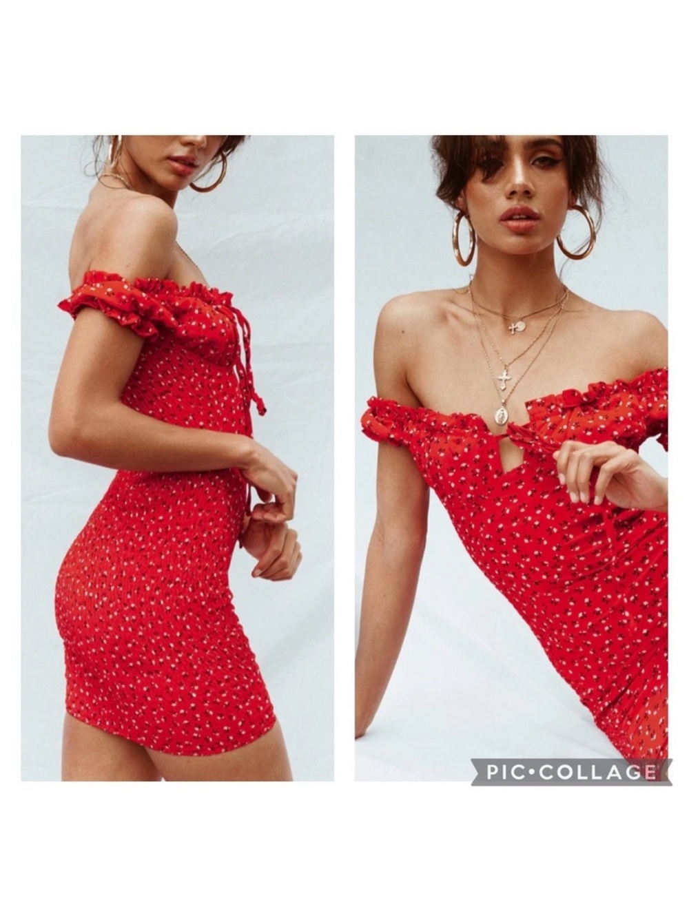 princess polly gracie mini dress red floral NWOT smocking off shoulder bodycon